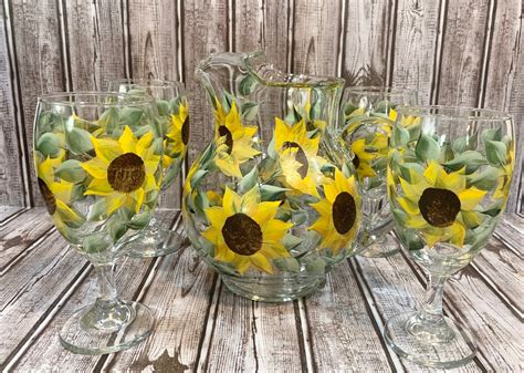 Hand Painted Sunflower Drinking Glasses And Pitcher Set Etsy