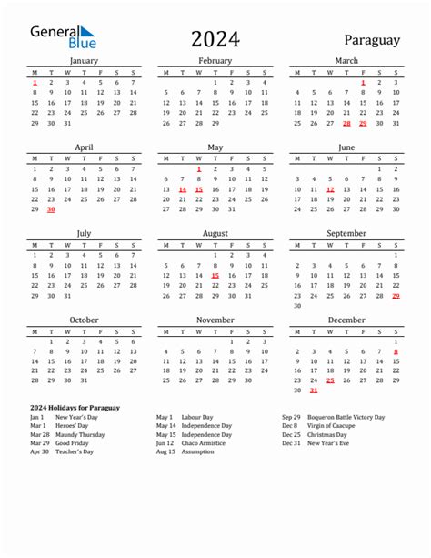 2024 Paraguay Calendar With Holidays