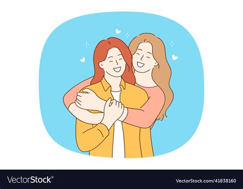 Smiling Lesbian Girls Couple Hugging Showing Vector Image