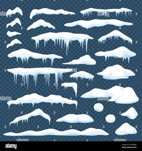 Cartoon Snow Window Or Roof Snow Caps With Icicles Snowballs