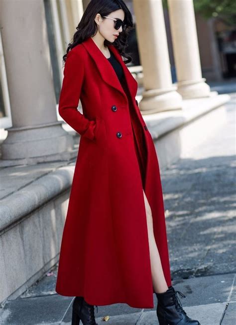 Red Trench Coats Woolen Material Long Dress Red Dress Coats Winter