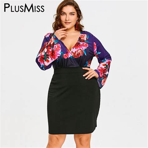 Plusmiss Plus Size 5xl Floral Flower Printed Sexy V Neck Bodycon Dress