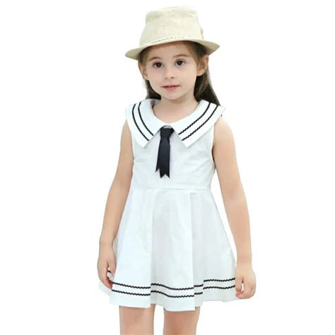 Girl Naval Wind Style Solid Cotton Dress Bow Tie Striped Children