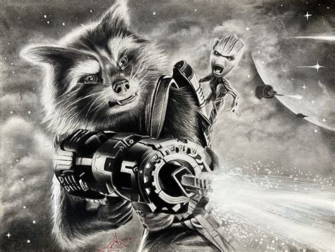 Rocket Raccoon And Baby Groot Drawing Poster Print Etsy