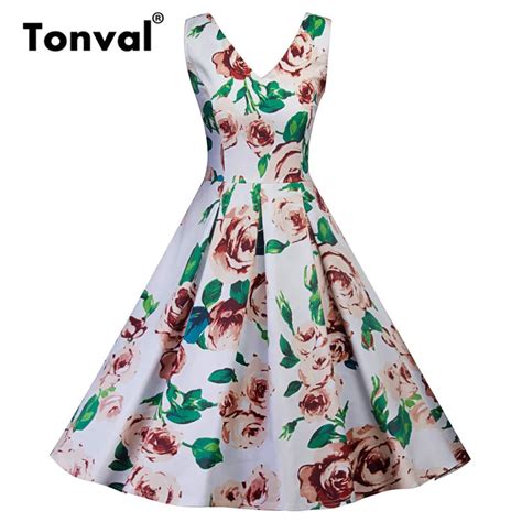 Buy Tonval White Dress Women V Neck Sexy Floral Print Cotton Bow Dresses 2018