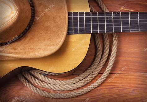 Country Music Picture With Guitar And Cowboy Hat And Rope — Stock