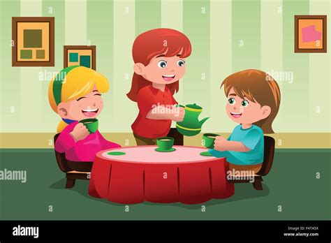 A Vector Illustration Of Cute Girls Having A Tea Party Together Stock