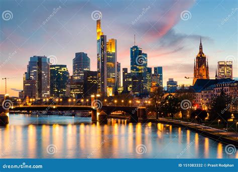 Frankfurt Am Main Urban Skyline With Skyscrapers Building At Night In