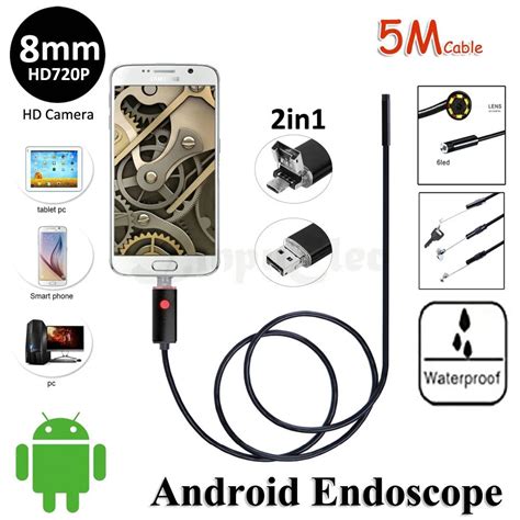 5m Hd720p 2in1 Android Usb Endoscope Camera 8mm Lens Flexible Snake Usb