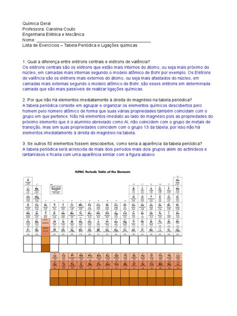 Lista De Química Geral Pdf Ligação Química Tabela Periódica