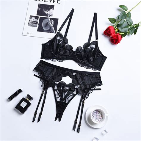 Meikedainicey 3 Piece Lace Bra Sets Hallow Out Heart Pattern Sexy