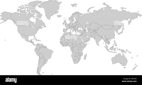 Grey World Map With All Country Borders In Dark Grey Color Stock