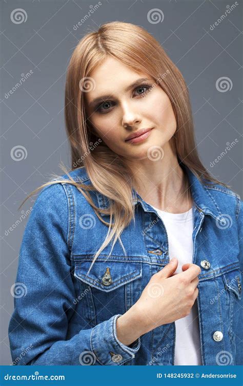 Beautiful Blonde Woman Dressed In A Denim Jacket Stock Photo Image Of Neat Caucasian