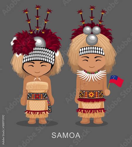 samoans in national dress with a flag man and woman in traditional costume travel to samoa