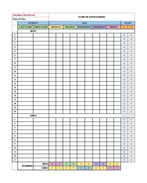 Free Printable Attendance Record Template Printable Templates