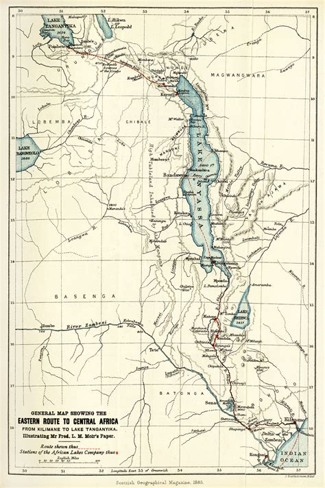 Map of lake tanganyika and its position in east africa. General map showing the Eastern route to Central Africa from Kilimane to Lake Tanganyika ...