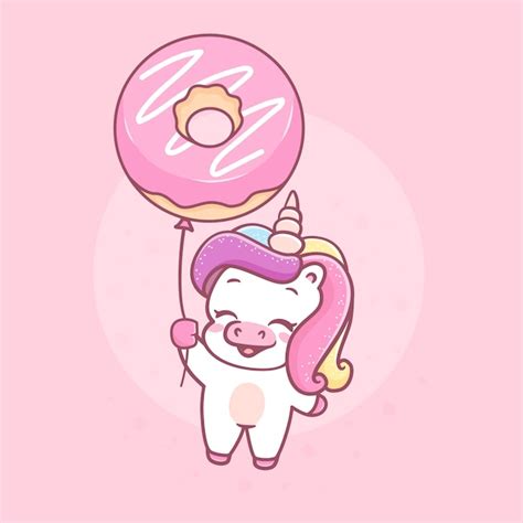 Lindo Kawaii Unicornio Y Donuts Globo Dibujos Animados Ilustración