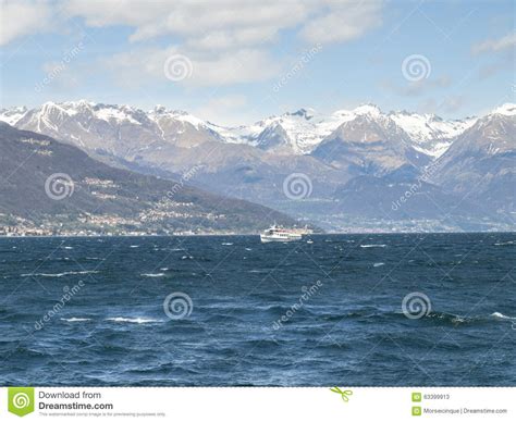 Lake Of Como With Snow Capped Mountains Stock Image Image Of Scenery