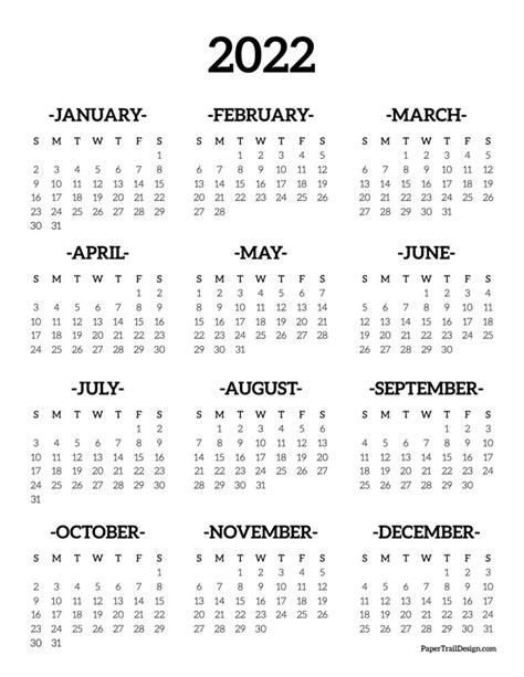 Calendar 2022 Printable One Page Paper Trail Design 2022 Yearly