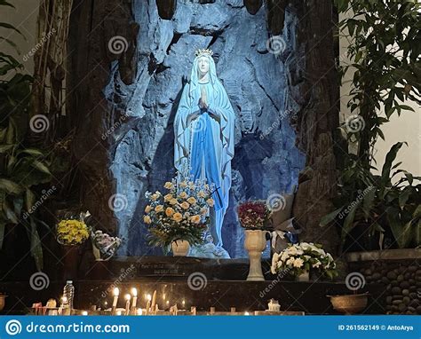 The Cave Of Virgin Mary Statue Of Virgin Mary In A Rock Cave Chapel