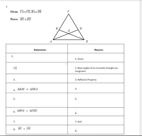 Let triangles be δ abc & δ def both triangles are similar, i.e.,∆ abc ~∆ def and areas are equal, i.e., ar δ abc = ar δ def to prove: Solved: Given: CA CE, BAE DE Prove: BX DX Statements Reaso ...