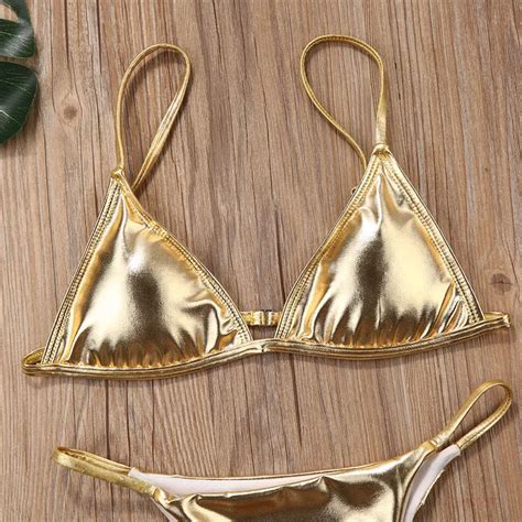 Swimsuits Sexy Thong Bikini Set Pure Gold Glitter Biquini Women Swimwear 2020 New Push Up Padded