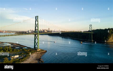 Aerial View Of Lions Gate Bridge Stanley Park And Downtown City In The
