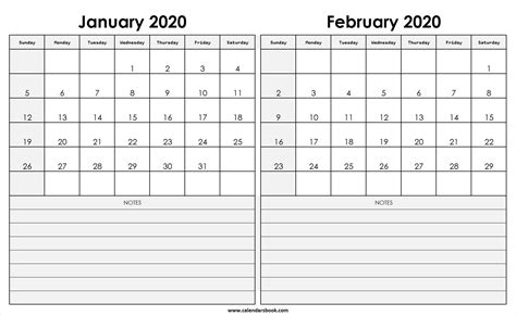 January February 2020 Calendar Printable Template Pdf Word Excel