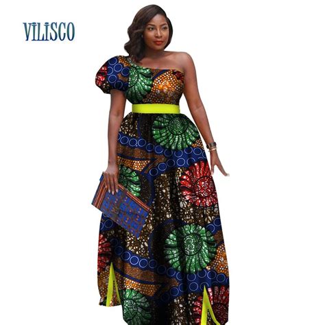 African Bazin Riche Print Dresses For Women Party One Shoulder Long