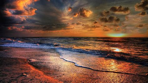 Ocean Waves Under White Black Clouds Sky During Sunset Reflection On Beach Water Sand Hd Sunset