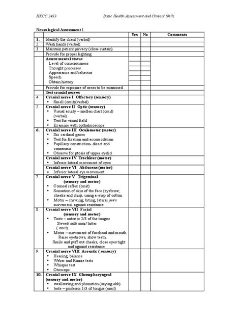 performance checklist neurological assessment senses nervous system