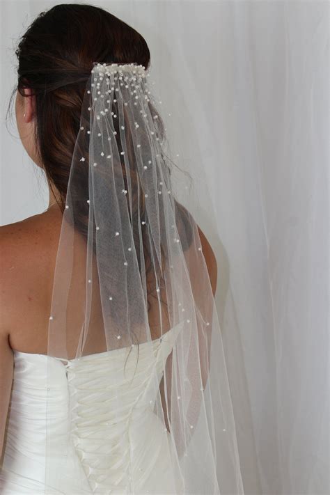 Cascading Pearls Tulle Veil Wedding Veil Pearl Veil Unique Etsy Wedding Hairstyles With Veil
