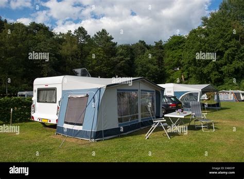 Camping With Caravan And Shelter In Nature Stock Photo Alamy
