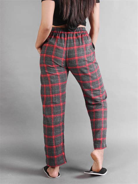 Grey And Red Checkered Flannel Cabin Pants For Women Bombay Trooper