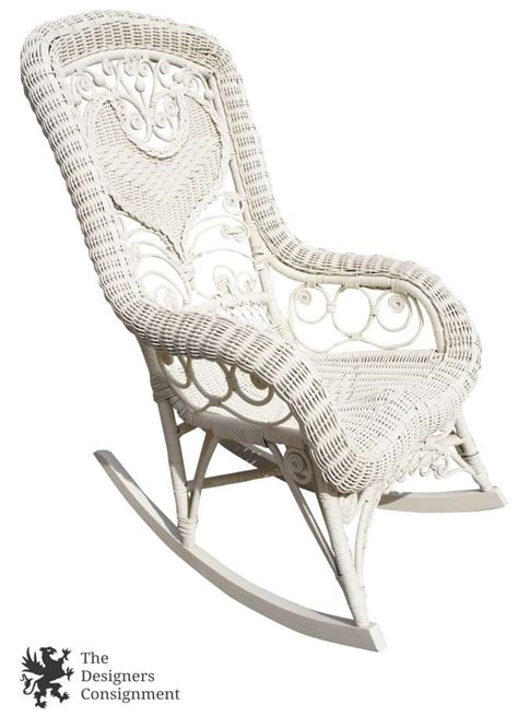 Vintage Wicker Rocking Chair White Rocker Seat Country Heart Back Woven