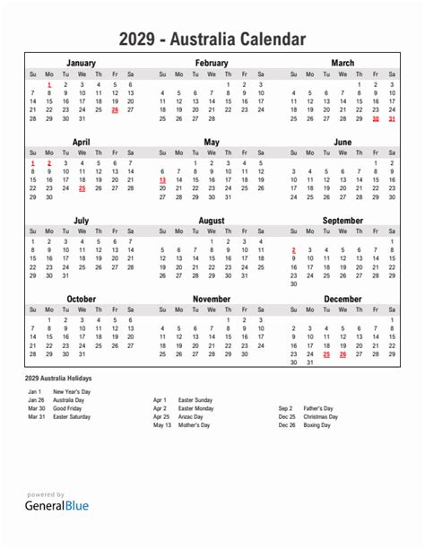 Year 2029 Simple Calendar With Holidays In Australia