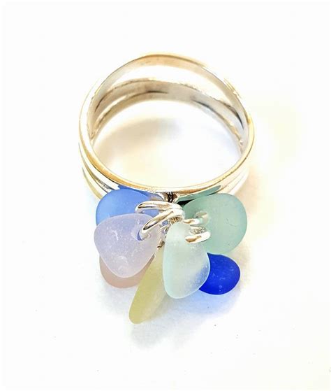 Genuine Sea Glass Ring Pastel Sea Glass In Sterling Silver Wave Design Surfside Sea Glass Jewelry