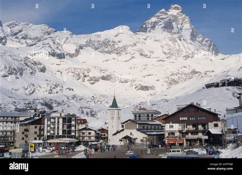 Italy Alps Valle Daosta Breuil Cervinia Ski Resort Town With Church