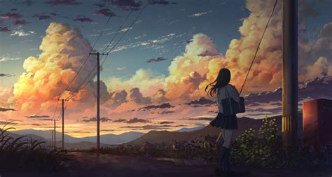 Anime Anime Girls Sky Clouds Summer Sunset Power Lines Miniskirt