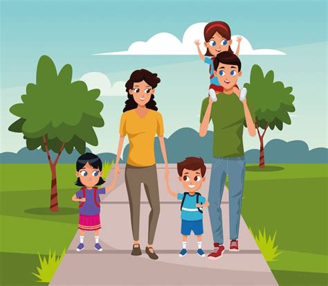 Familia Feliz Con Niños Pequeños Caminando En El Parque Vector Premium