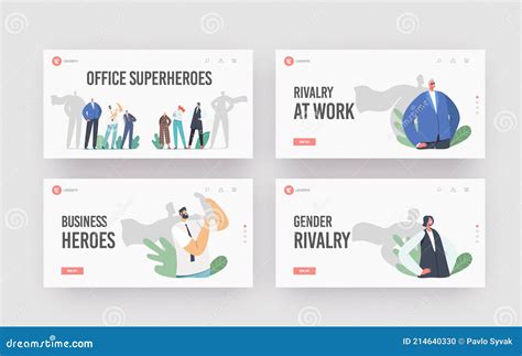 Gender Sex Team Rivalry Office Superheroes Landing Page Template Set Confident Men And Women
