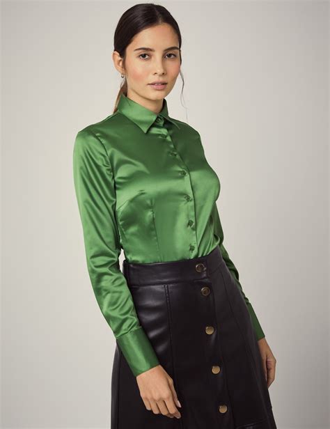 women s cactus green fitted satin shirt single cuff hawes and curtis