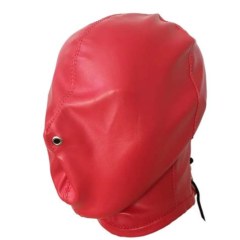 Red Faux Leather Head Bandage Total Enclosure Gimp Hood Mask With Nose
