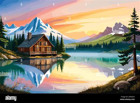 landscape of mountain lake cabin amidst lush forest and majestic peaks