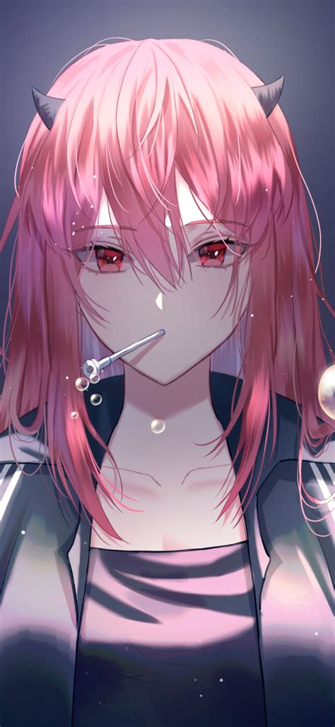 Download 1080x2340 Pink Hair Anime Girl Horns Bubbles