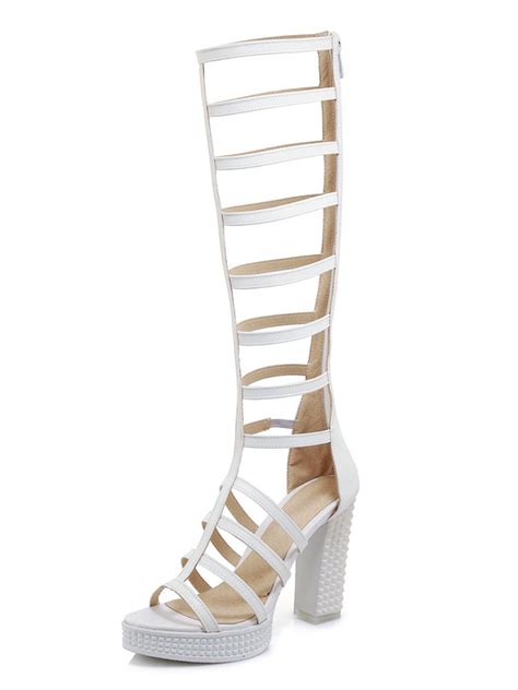 Womens White Gladiator Sandals Open Toe Chunky Heel Strappy Sandals