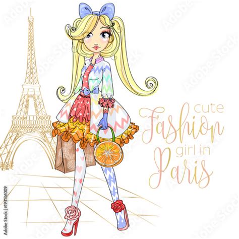 Cute Fashion Girl With Orange Bag Near Eiffel Tower In Paris Anime