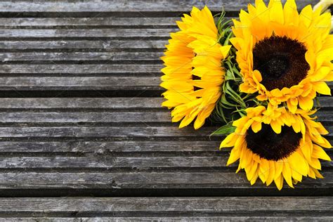 Yellow Sunflower Bouquet On Wooden Rustic Background Nature Photos