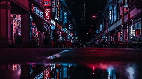 Wallpaper Night City Street City Lights Reflection Neon City