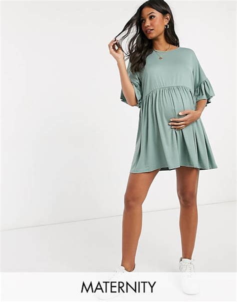 Missguided Maternity Frill Sleeve Smock Dress In Green Asos
